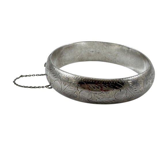 Sterling Silver Hinged Bangle Bracelet Etched Scroll Design Safety Chain - Picture 1 of 6